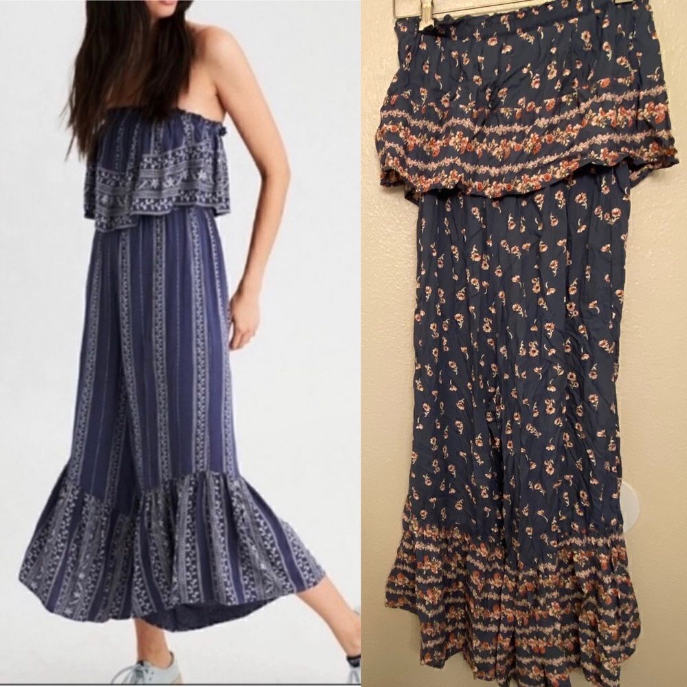 Japna smocked ruffle strapless jumpsuit wide leg palazzo  romantic blue floral M